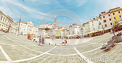 Tartini square in Piran, Slovenia, yellow filter Editorial Stock Photo